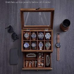8-Slot 2-Tier Watch Display Case with Large Glass Lid，Rustic Walnut