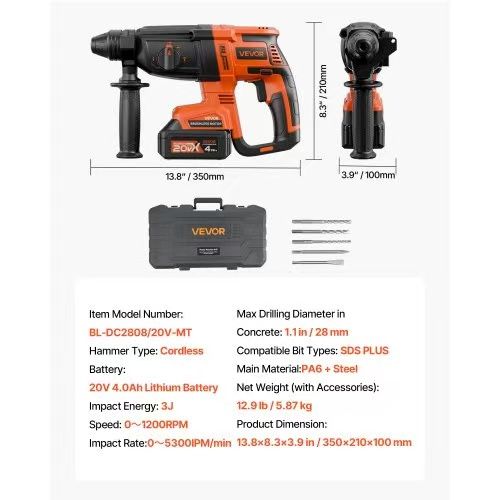 527#20V Brushless Cordless Hammer Drill, Lithium Ion 1.1 Inch Rotary Hammer Driver, SDS Plus Electric Lightweight Power Tool Kit with Battery and Char