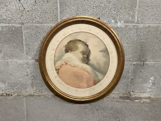 Vintage Round Gold Framed Baby Portrait Print