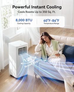 8000 BTU Portable Air Conditioner, 3-in-1 Cools 350 Sq.Ft, Quiet AC with Fan & Dehumidifier, LED Display, Remote, 24H Timer, Window Kit, for Bedroom/O
