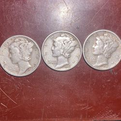 Dimes three mercury dimes, 1942, 19,43, 1944
