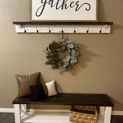 ❤️ $180 custom made farmhouse bench hanging hook shelf sets mudroom entryway  farm style shoe basket 