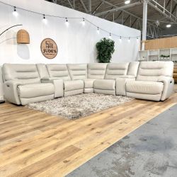 Cream Leather Reclining Sectional Couch with Power Headrest - Free Delivery!