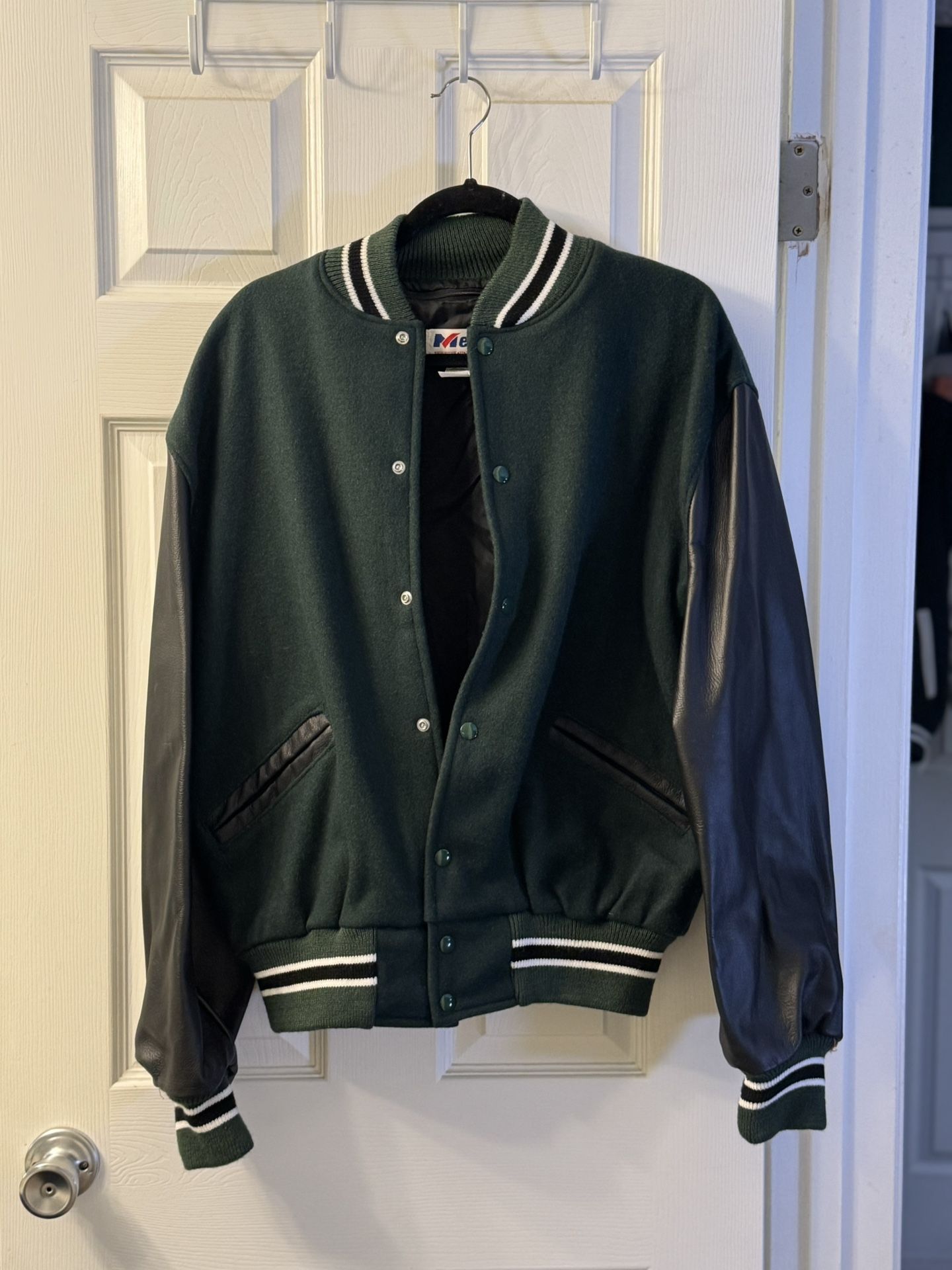 Meca Black And Dark Green Leather Letterman Varsity Jacket