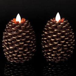 Flameless Timer Candles, Battery Operated Flickering Wick, Real Wax Pineapple Shape, for Holiday Indoor Decoration, Set of 2, Brown (D3.5 x A4.7 inche