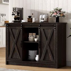 Farmhouse Coffee Bar, 42 Inch Coffee Bar Cabinet, Espresso Sliding Barn Doors, Adjustable Shelves, Coffee Station Cabinet for Small Spaces, Kitchen, D