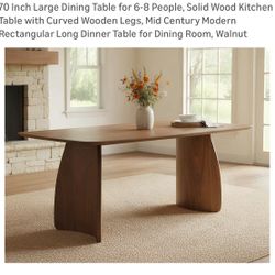 70 Inch Large Dining Table for 6-8 People, Solid Wood Kitchen Table with Curved Wooden Legs, Mid Century Modern Rectangular Long Dinner Table for Dini