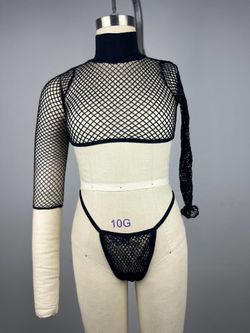 Crop top Black Fishnet Mesh Long Sleeve Two Piece Set Small