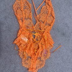 New Medium Orange Lace Bodysuit Lingerie 