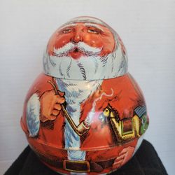Vintage 1980 Cheinco Chein Industries Roly Poly Round Santa Tin 7" Tall 