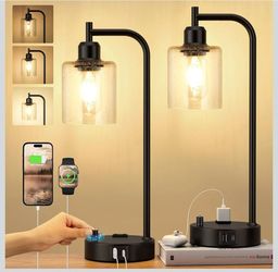 Industrial Table Lamps for Bedrooms Set of 2 - Fully Dimmable Bedside Lamps with USB A and C Ports and Outlet, Black Nightstand Lamps with Glass Shade