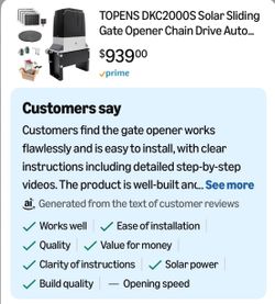TOPENS DKC2000S Solar Sliding Gate Opener Chain Drive Auto... $93900 vprime Customers say Customers find the gate opener works flawlessly and is easy 