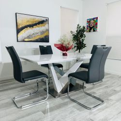 SET Dining Table White 4 Leather Gray Modern City Furniture - FREE DELIVERY 