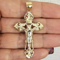 Big INRI Two tone 14k Gold Jesus Crucifix Cross Pendant 2 inch long