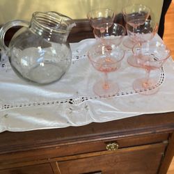 Set Of 6! Vintage Rose /pink Champagne   Glasses With Bonus Pitcher