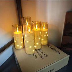 5 Pcs Battery Operated Acrylic Flickering LED Candles Fairy Lights for Romantic Ambiance and Home Decoration(Gold)