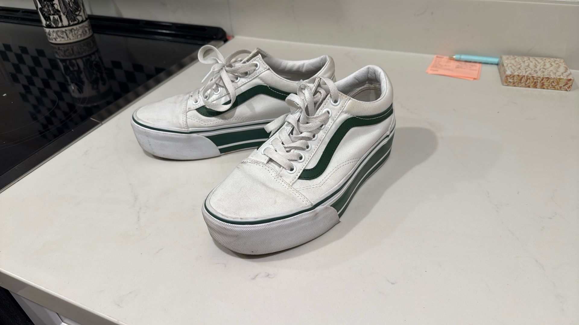 Vans:  8W White And Green Platform