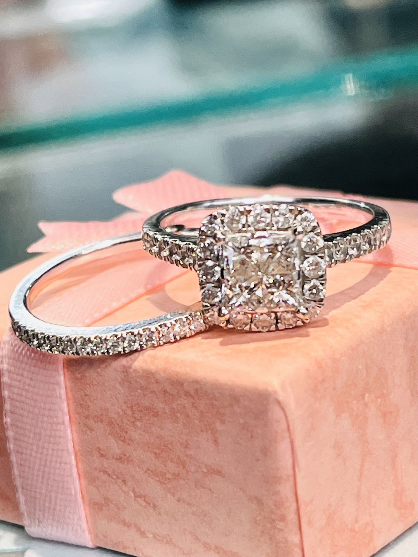 14k White Gold Square Diamond Halo Half Bezel Ladies Bridal Set