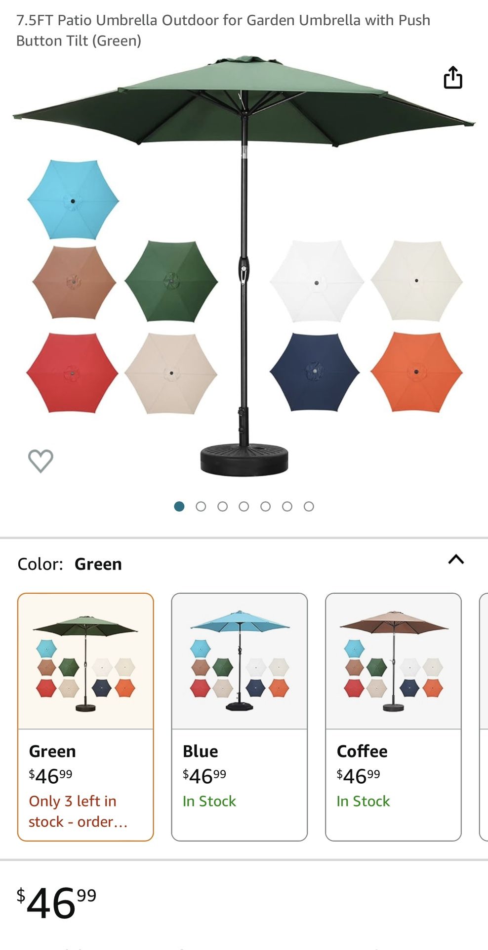 7.5FT Patio Umbrella Outdoor for Garden Umbrella with Push Button Tilt (Cream/Khaki) Or (Green) [Base not included]