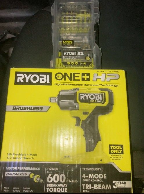 RYOBI P262 18V ONE+ HP Cordless Mid Torque 1/2" Impact Wrench & Drill Bit Set