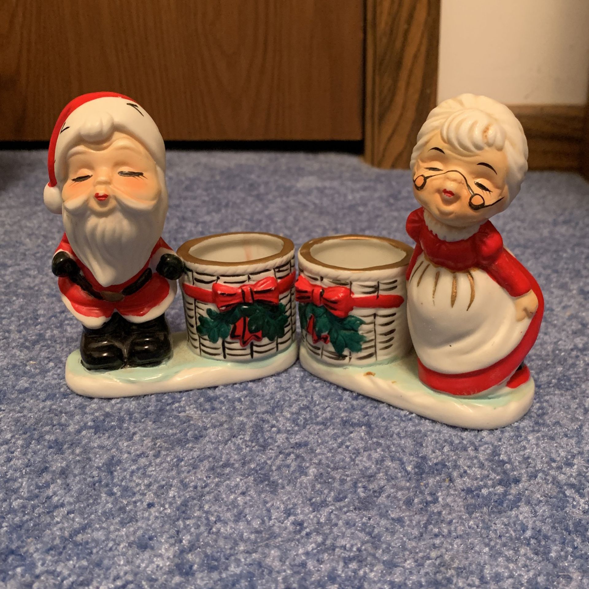 Vintage 1970s Santa And Mrs Claus Candle Holders 