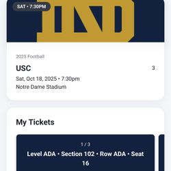 Notre Dame Versus Usc Tonight At 7:30 Pm, Three Tickets Plus Parking