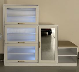 20-Pair Shoe Storage Cabinet with mirror Bench, LED Lights & Charging Station