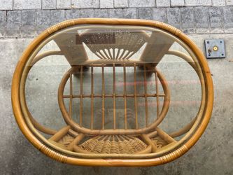 Vintage braided rattan glass top table