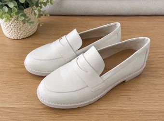 Women’s White Penny Loafers Size 11 – Minimalist Slip On Casual Shoes