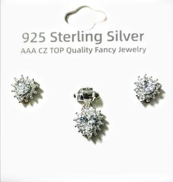 925 Sterling Silver CZ Pendant and Earrings heart Set
