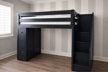 Blue Wood Loft Bed with Storage Stairs