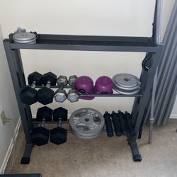 Weight Rack/ Dumbbells/ Plates/bicep Curl Bar And Barbell 