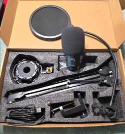 USB microphone with desktop mounted stand.