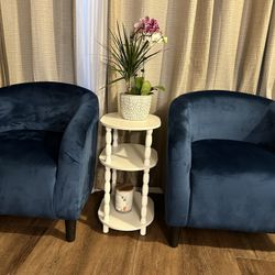 Two Blue Velvet Barrel Chairs / Accent Chairs 