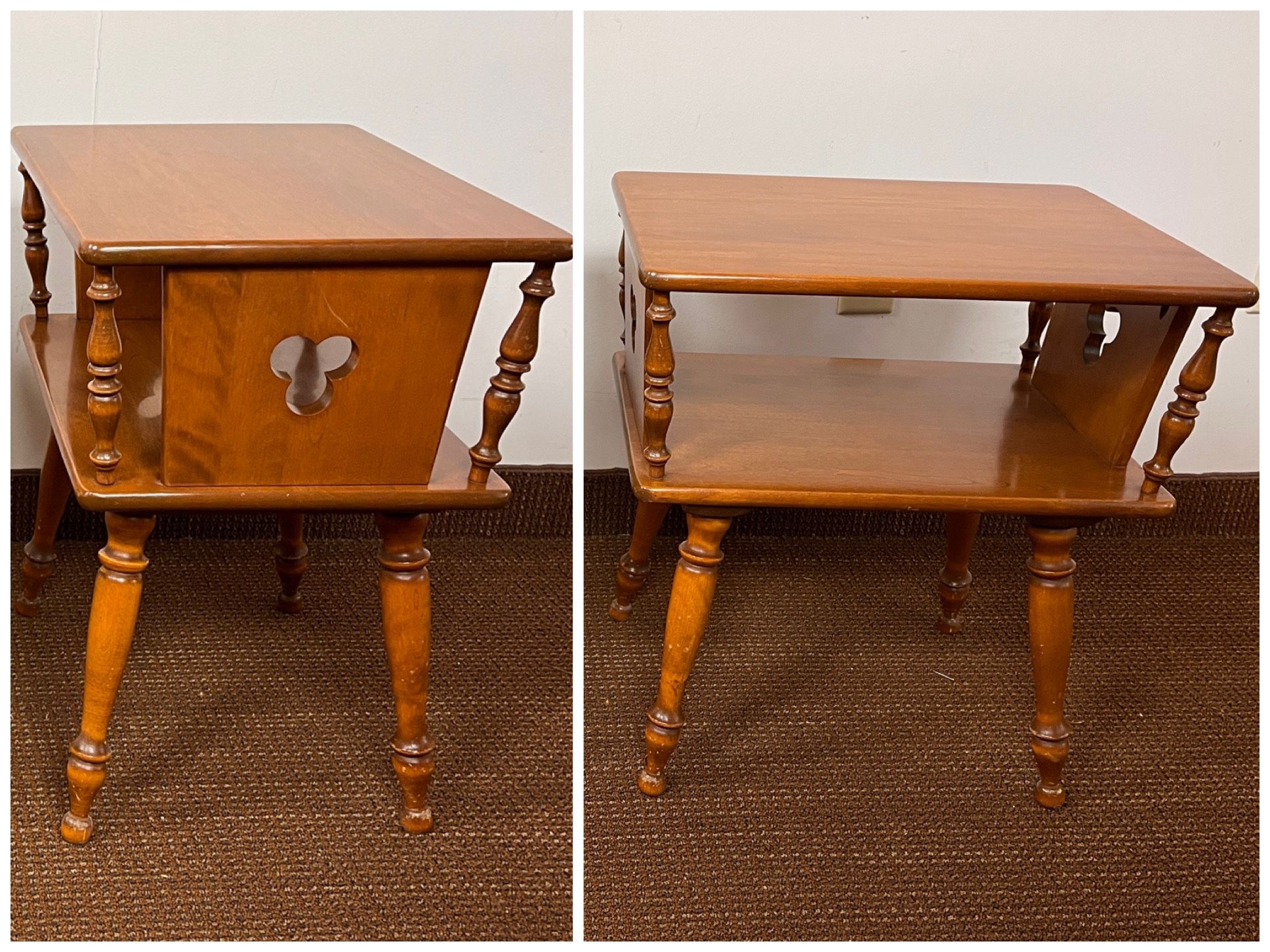 Vintage Ethan Allan Clover Cut 2 Tier Side End Table Pair. 2 Retro accent table with bottom shelf 