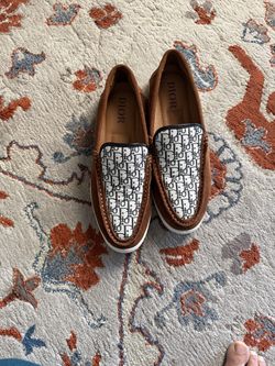 Dior Brown Leather & Monogram Canvas Slip-On Loafers