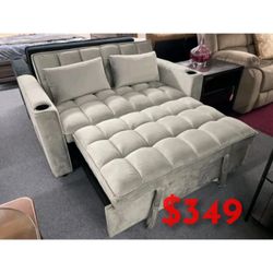 Gray velvet loveseat pullout sleeper sofa bed w/ 2 cup holders