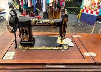 Vintage White Rotary Treadle Sewing Machine with Oak Cabinet