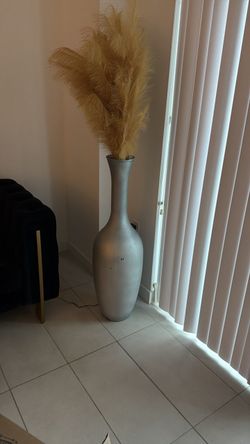 Tall Silver Floor Vase with Pampas Grass