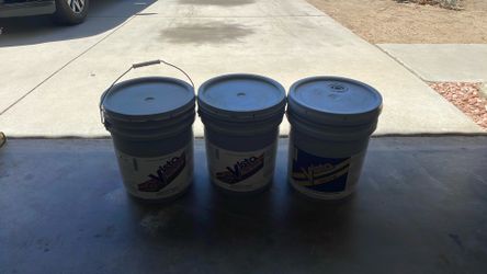 Lot of 3.   Five Gallon Vista Acribond Cement Gray, Toasted Almond and Flat Finish Traffic Marking Paint