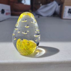 Yellow Glass Paperweight Egg Shaped Glass Heavy Smooth Glass 3.5 in.