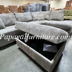 NEW Modern Sectional Sofa and Chaise Set FREE Storage OTTOMAN Discount SALE Ashley Style Lounge Light Grey Gray Fabric Gray White Beige Green Black