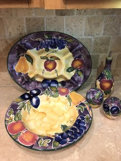 Scandicci Serving Pieces. Divided Serving Tray, and Hugh Serving Bowl and Matching Salt and Pepper Shakers with Vinegar and Oil Karafe