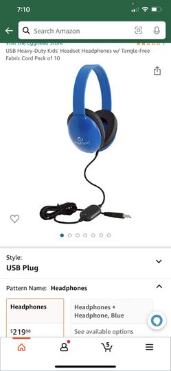 USB Heavy-Duty Kids' Headset Headphones w/ Tangle-Free Fabric Cord Pack of 10