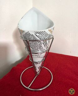 Gibson Elite's "Gracious Dining" line, Metal French fry holder, designed to resemble a nostalgic newspaper-wrapped cone,Vitrified porcelain cone with 