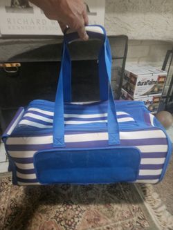 Blue and White Striped Duffel Bag