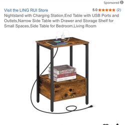 Nightstand with Charging Station,End Table with USB Ports and Outlets,Narrow Side Table with Drawer and Storage Shelf for Small Spaces,Side Table for 