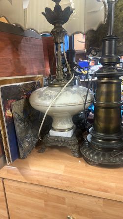 1940 Regency Hand painted Glass And Marble Mid Cent Lamp