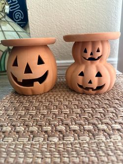 New Set of Terracotta Pumpkin Candle Holders - Halloween Fall