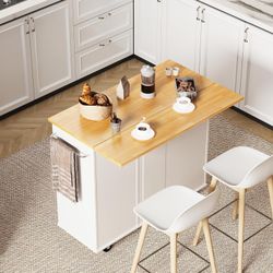 New Kitchen Storage Island Cart with 2 Open Shelves, 3Drawers Drop Leaf Breakfast Bar, Portable Trolley Island Kitchen Cart on Wheels with Handle/Towe